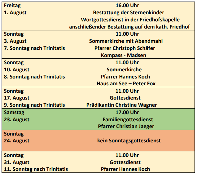 Gottesdienstplan August 2025