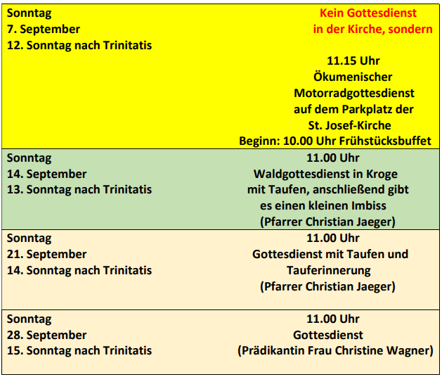 Gottesdienstplan September 2025
